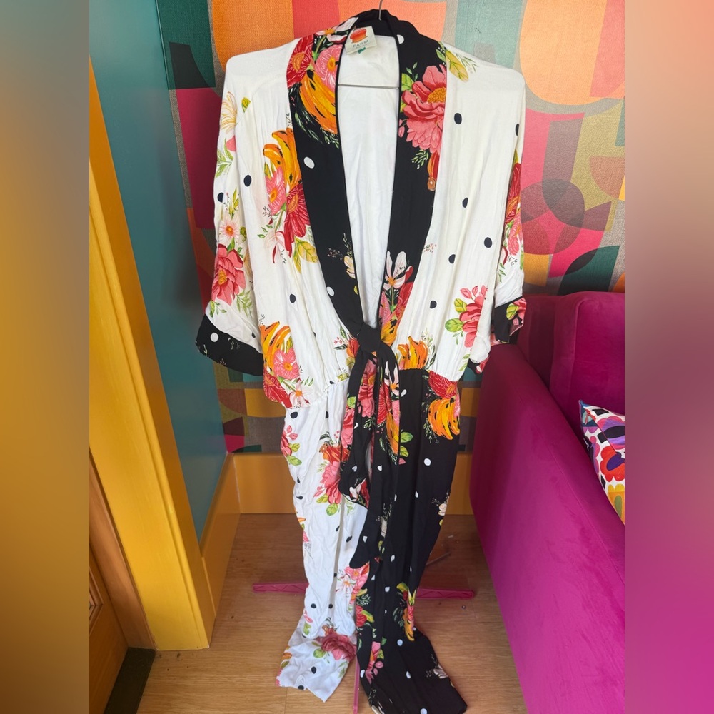 Farm Rio Floral Polka Dot Wrap Kimono - White & Black Jumpsuit
